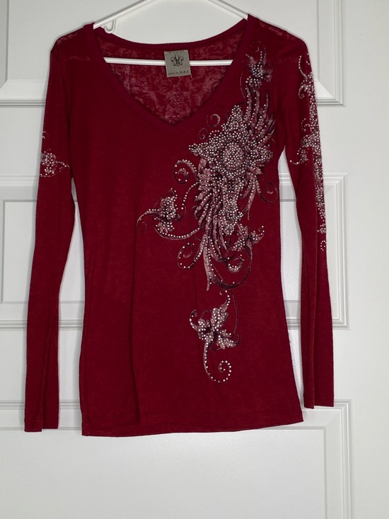Vocal Tops - Y2K Embellished V-Neck Long Sleeve Top - Red